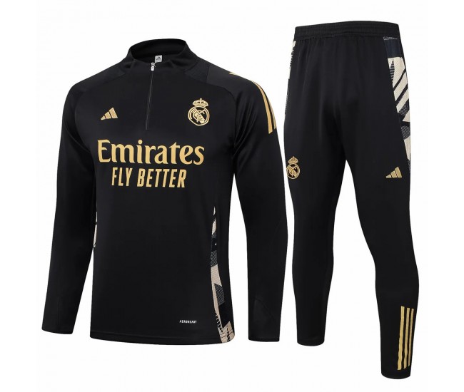 Real Madrid Mens Black Training Technical Football Tracksuit 2024-25